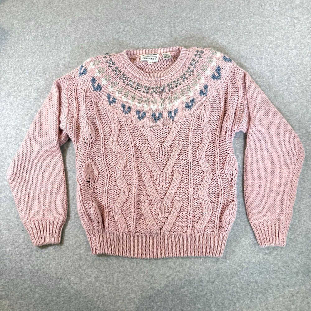 VTG 80s Sweater Pink Fair Isle Cable-Knit Pearl Beaded M Cottage Preppy Cabin